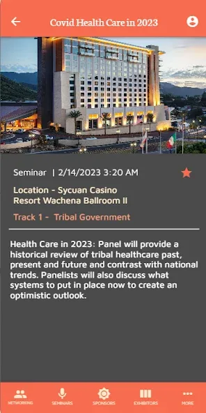 Western Indian Gaming Conference app seminar detail screen showing event location, track and description