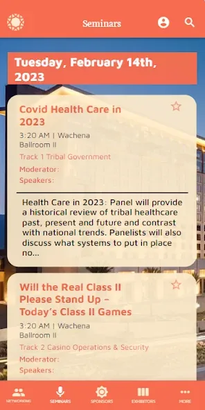Western Indian Gaming Conference app seminar list with favorite buttons and session information