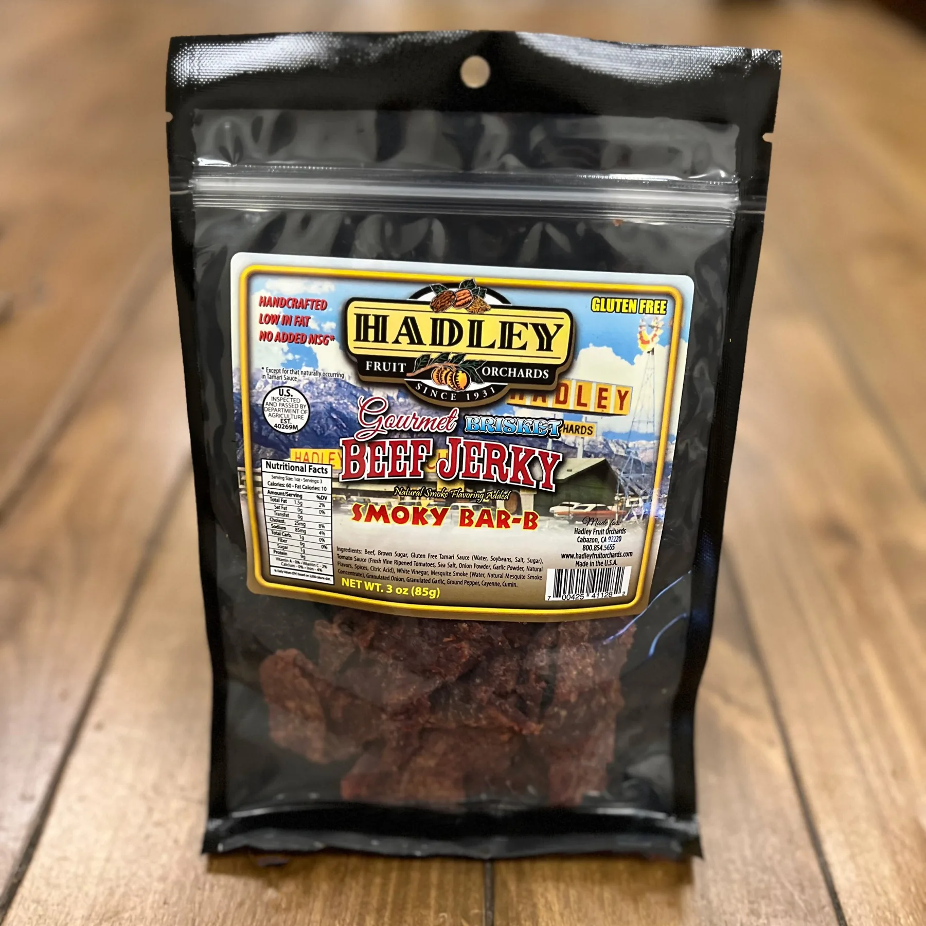 Hadley Fruit Orchards smoky barbecue beef jerky package