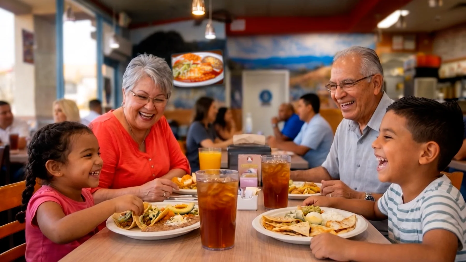 Family enjoying Mexican food inside Victor’s Mexican Food restaurant