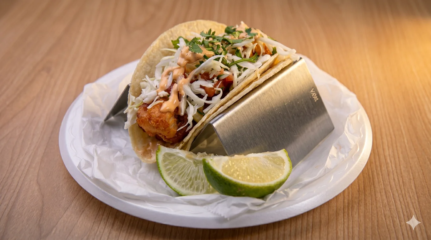 Fish taco with cabbage, sauce, cilantro and lime photographed for Victor’s Mexican Food