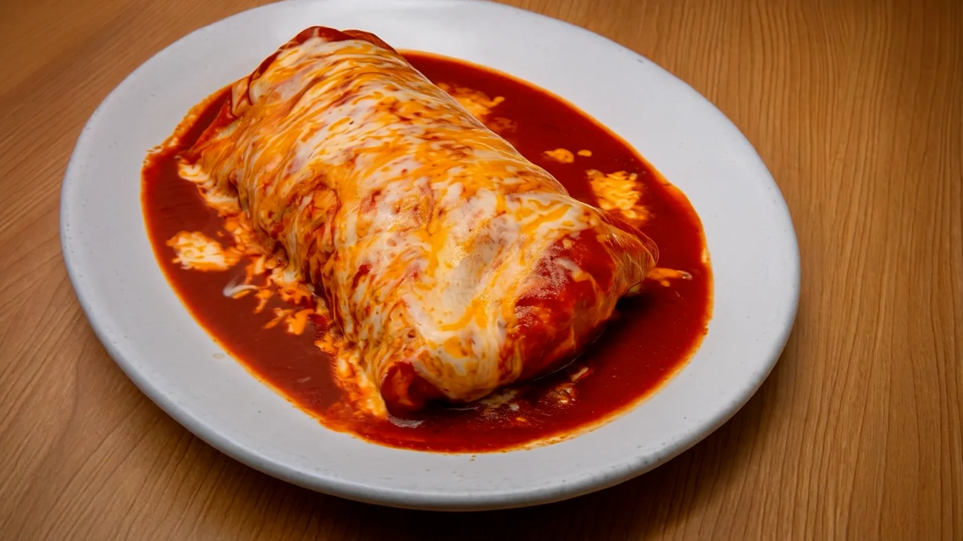 Wet burrito plate with red sauce and melted cheese at Victor’s Mexican Food